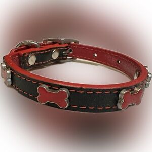 VTG SMALL LEATHER DOG PET PUPPY COLLAR RED BLACK BONE STUDDED TRAIN WALK ~8”—11”